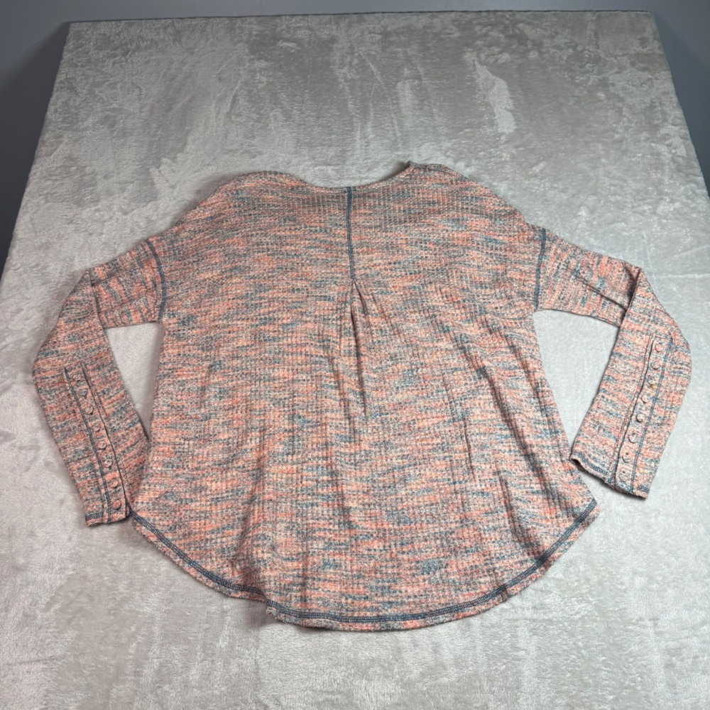 Free People Women Large Cowl Neck Thermal Waffle Knit Button Cuff Top Coral Teal - Picture 8 of 11